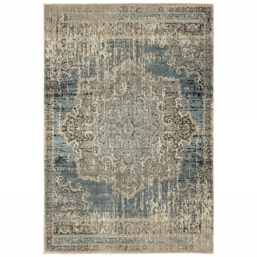 8'X11' Blue And Ivory Medallion Area Rug
