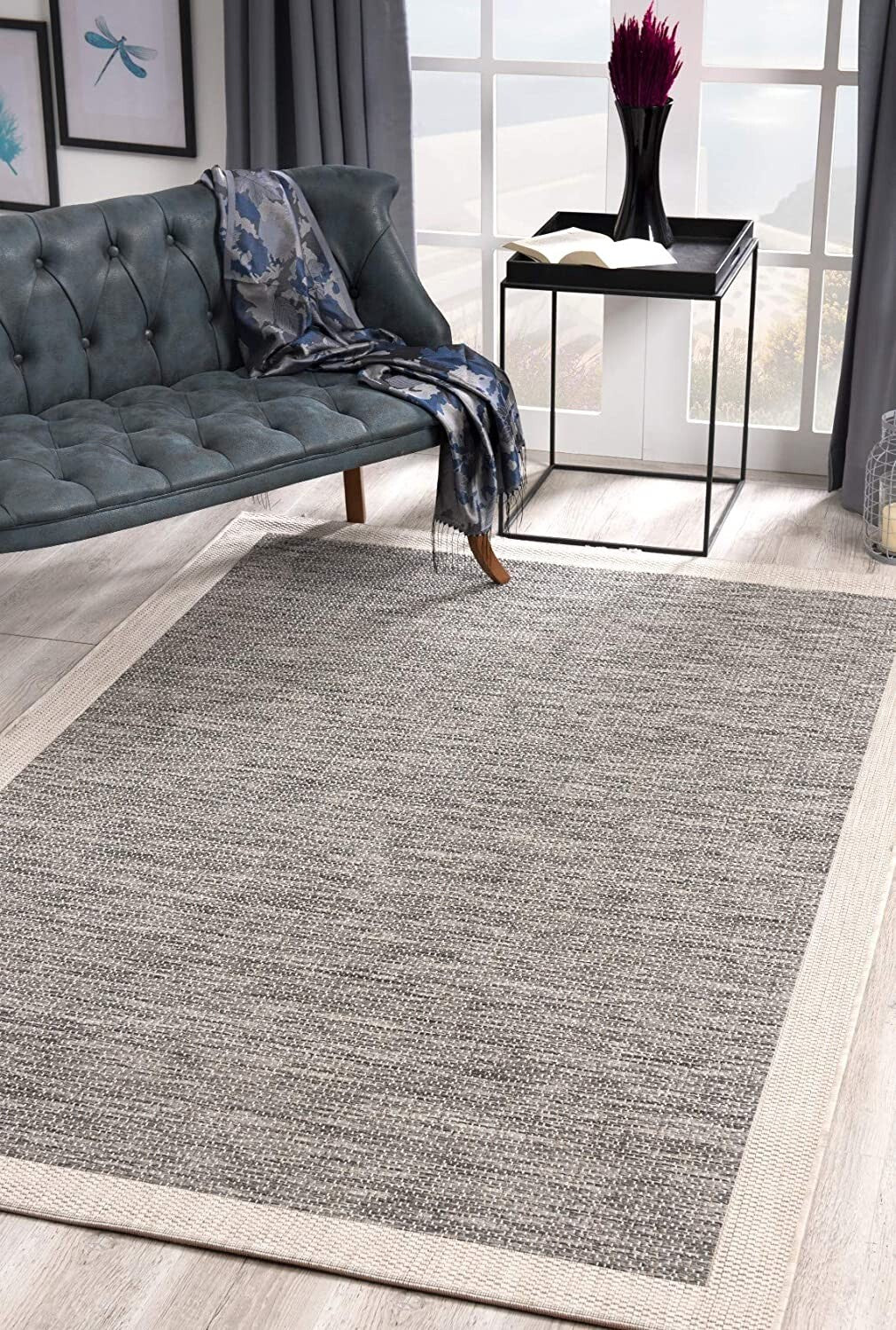 3' x 10' Sand and Gray Distressed Border Area Rug