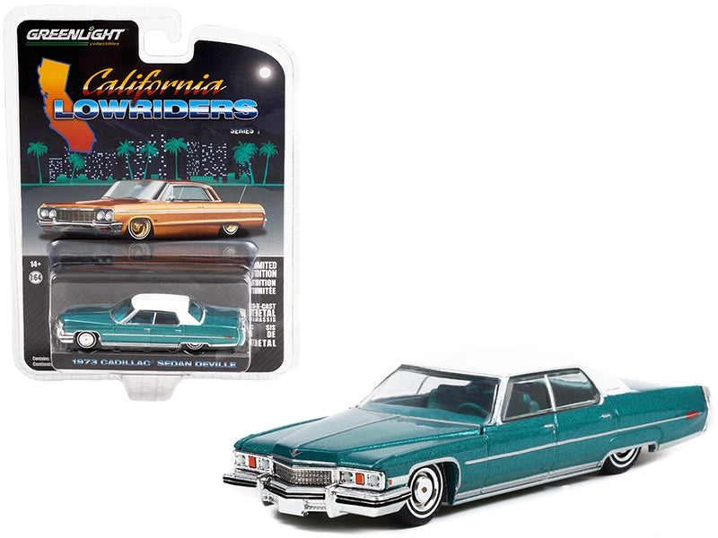 1973 Cadillac Sedan deVille Teal with White Roof "California Lowriders" Release 1 1/64 Diecast Model Car by Greenlight