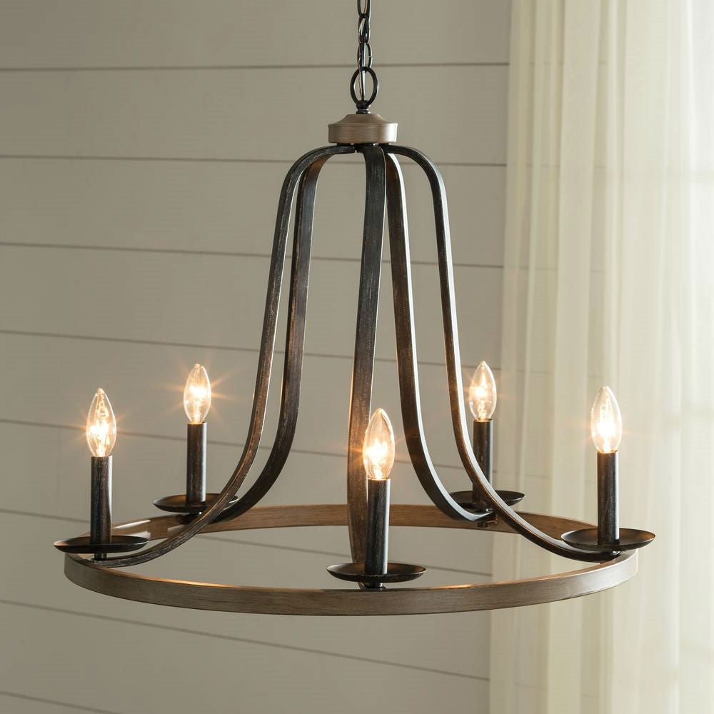 Rustic 5 Light Dimmable Farm Home Circle Metal Chandelier Oak Finish