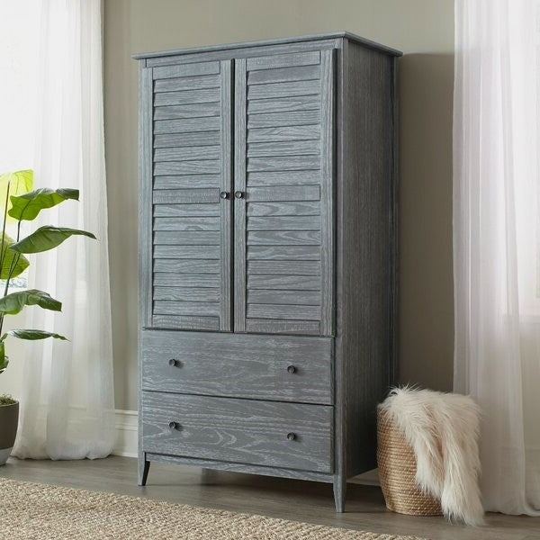 FarmHome Louvered Distressed Grey Solid Pine Armoire