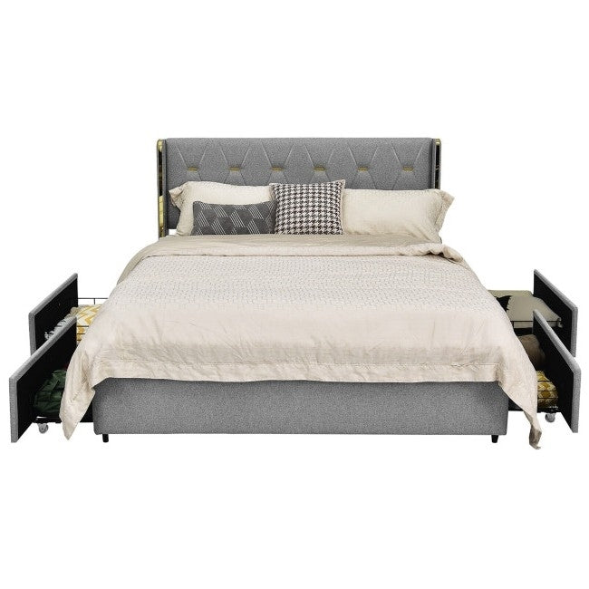 Queen Size Grey/Gold Linen Headboard 4 Drawer Storage Platform Bed