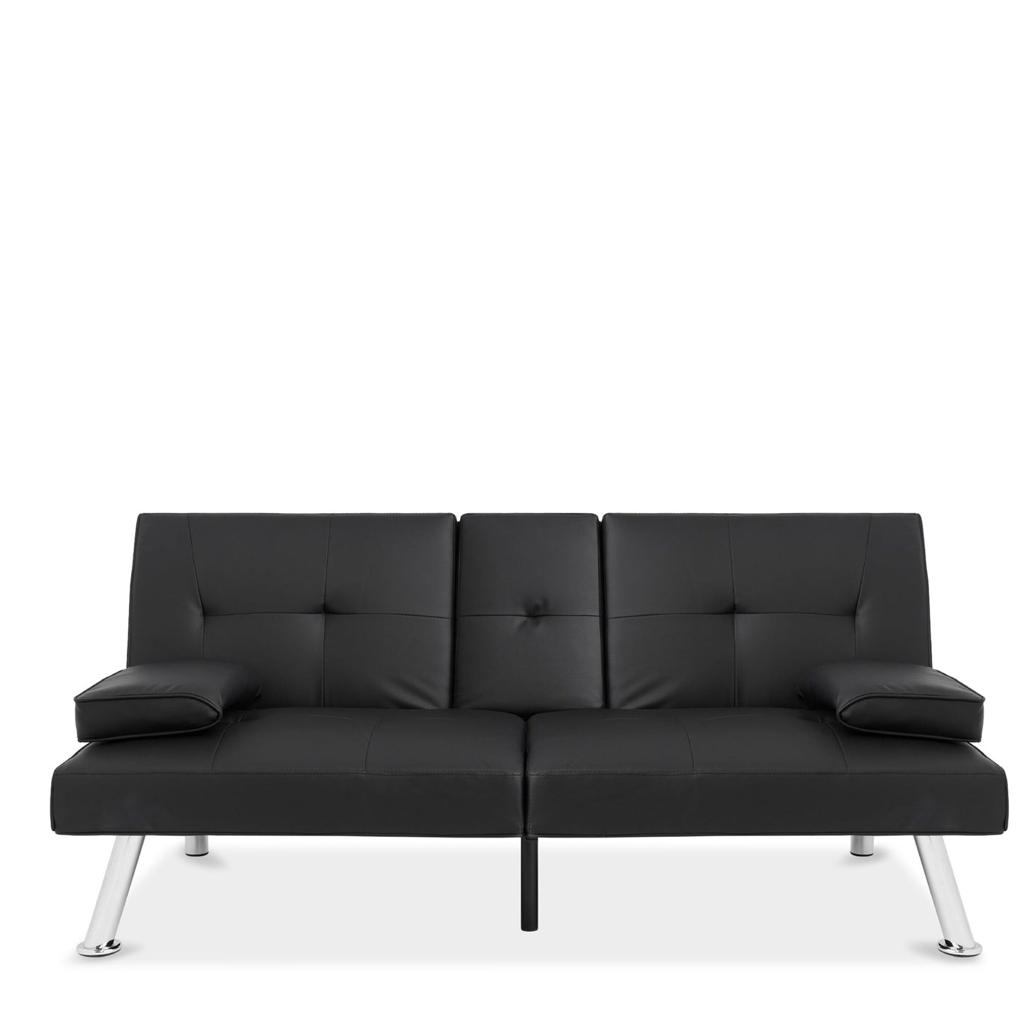 Black Faux Leather Convertible Sofa Futon with 2 Cup Holders