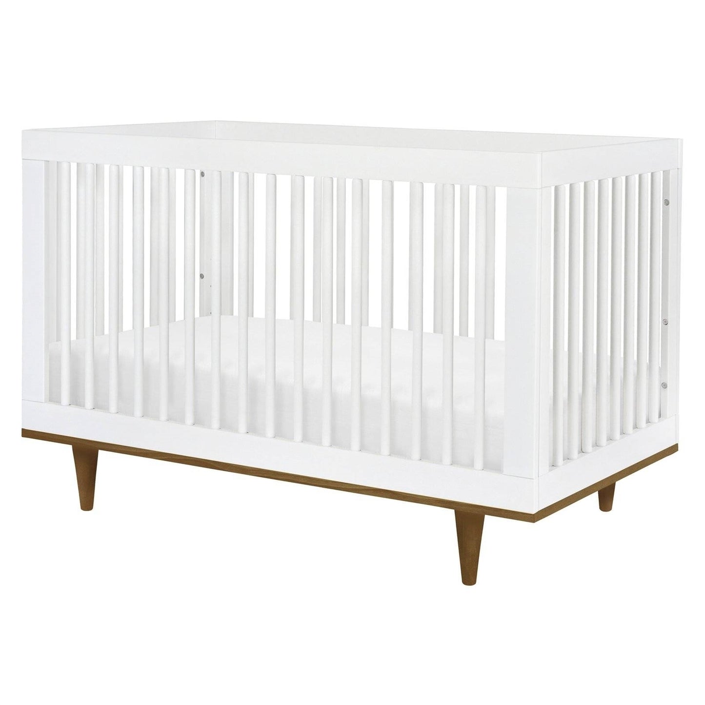 3-in-1 Modern Solid Wood Crib in White with Mid Century Style Legs in Walnut