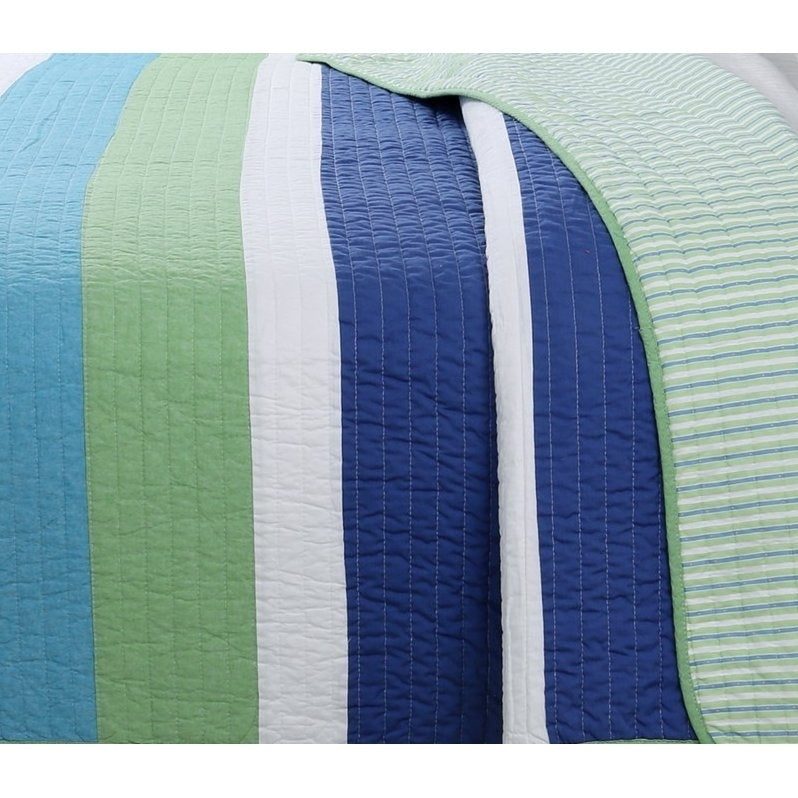 Full/Queen Navy Blue/Green/Teal/White Stripe 100-Percent Cotton Quilt Set