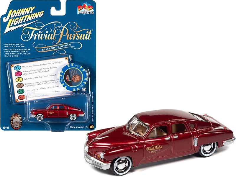 1948 Tucker Torpedo Red Maroon Metallic "Tucker: The Man and His Dream" (1988) Movie with Poker Chip (Collector Token) and Game Card "Trivial Pursuit" "Pop Culture" Series 3 1/64 Diecas