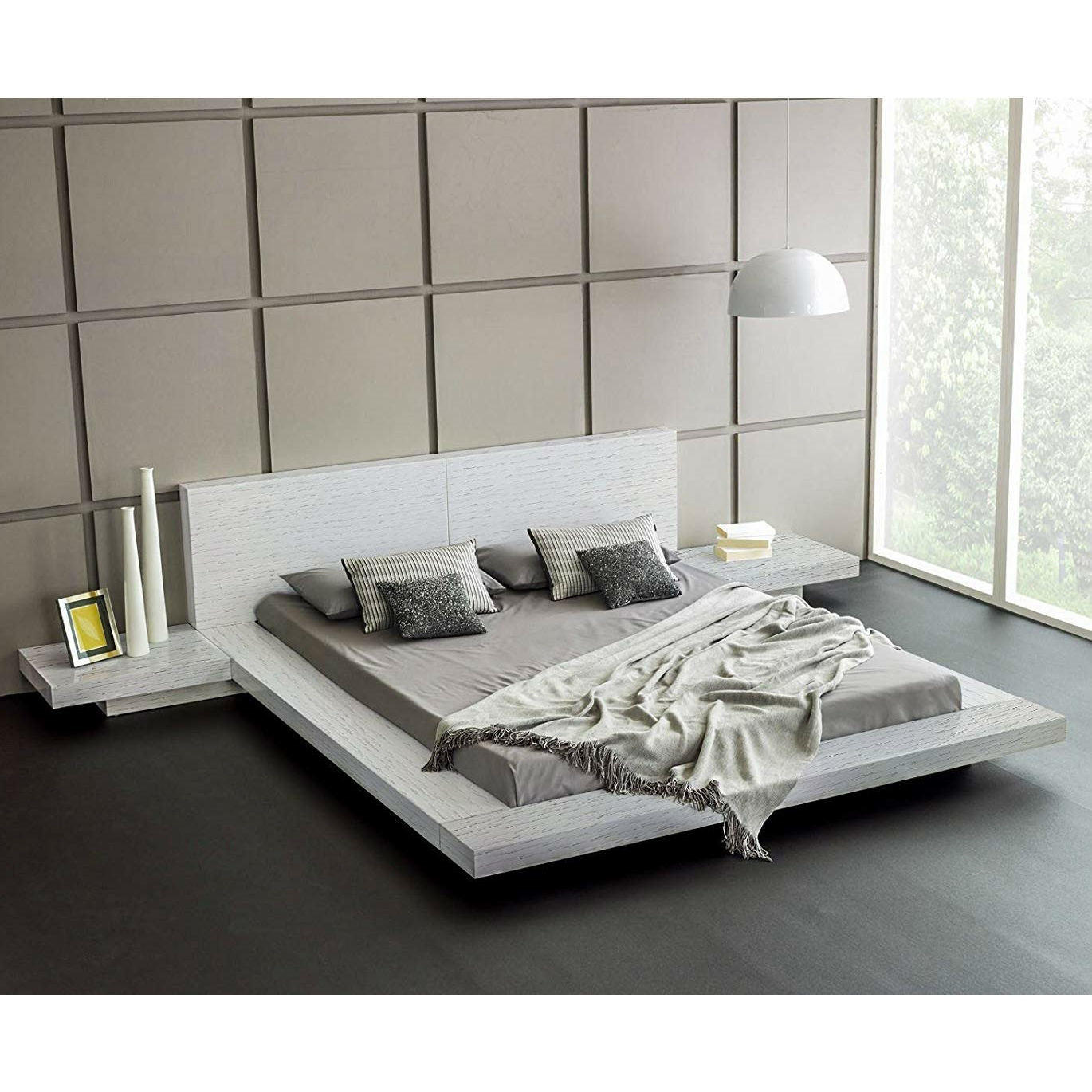 King Modern Platform Bed with Headboard and 2 Nightstand in Ash White