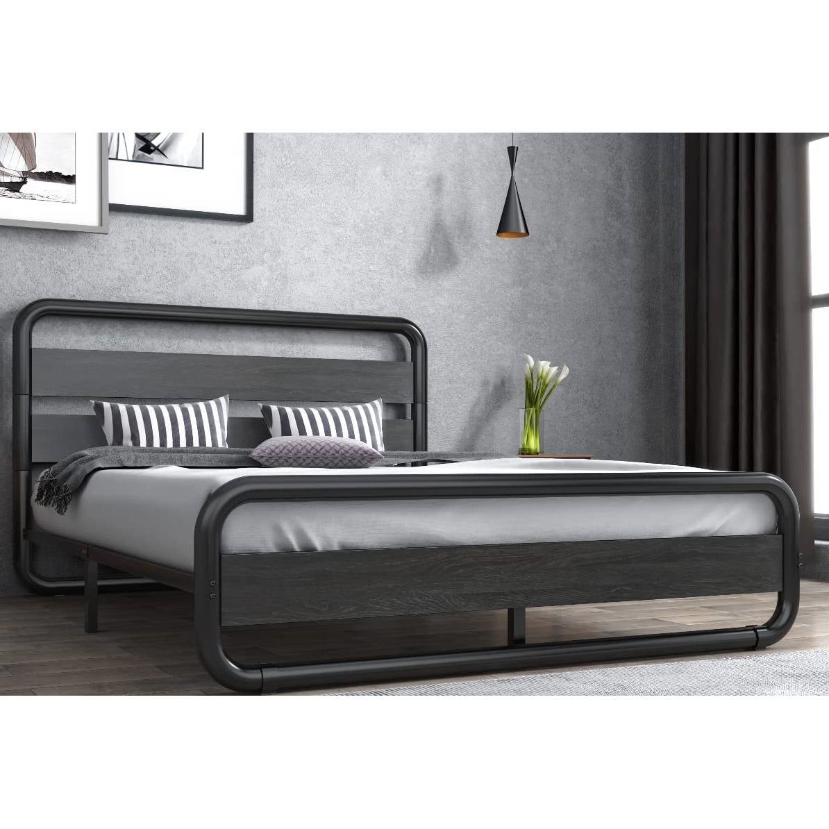 King Heavy Duty Round Metal Frame Platform Bed with Black Wood Panel Headboard