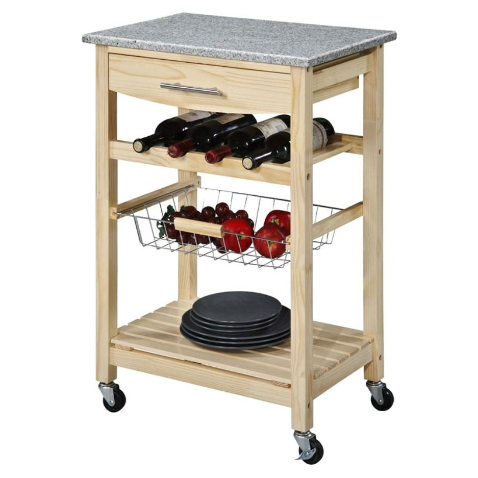 Natural Wood Finish Kitchen Island Cart with Granite Top