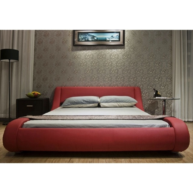 King size Modern Red Faux Leather Upholstered Platform Bed with Curved Headboard