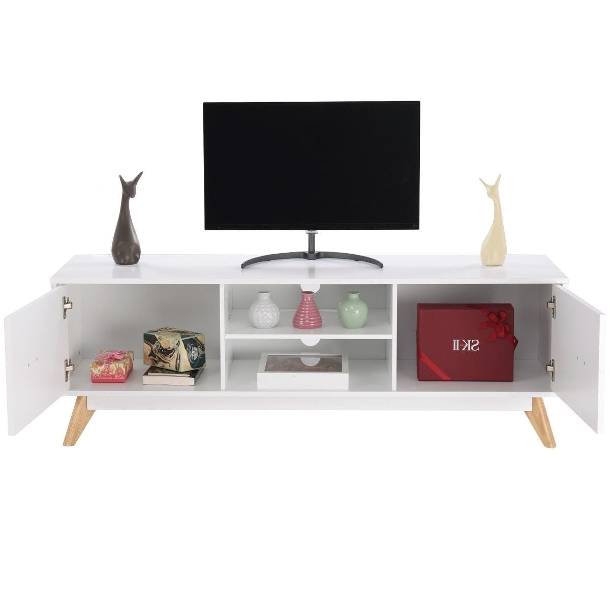 Modern Mid Century Style White TV Stand with Wood Legs