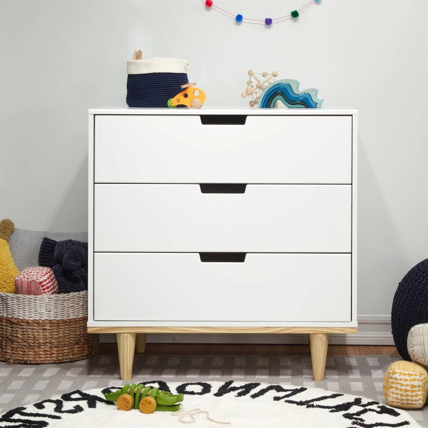 Modern Mid-Century Style 3-Drawer Dresser Chest in White Natural Wood Finish