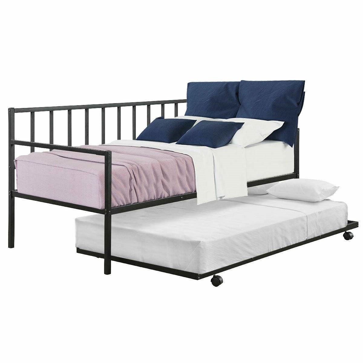 Twin size Black Metal Daybed with Roll-out Trundle Bed Frame