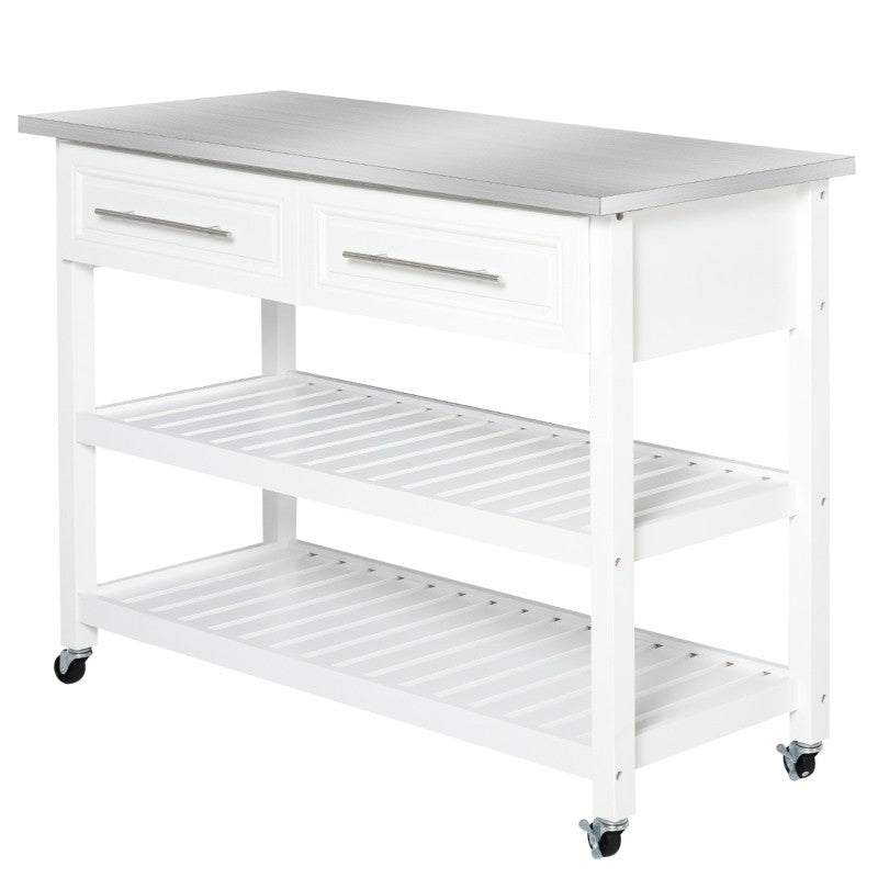 White Rolling Kitchen Island 2 Drawers Storage with Stainless Steel Top